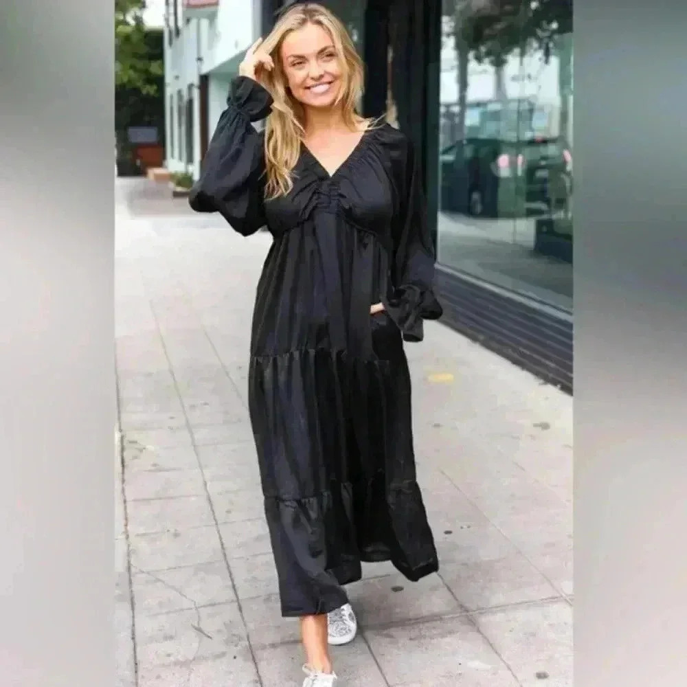 Elegant Black Elastic V Neck Tiered Satin Maxi Dress